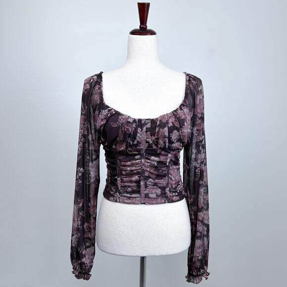 Dylan Ryan Tops - Dylan Ryan Brown Floral Mesh Padded Corset Romantic Long Sleeve Crop Top MEDIUM